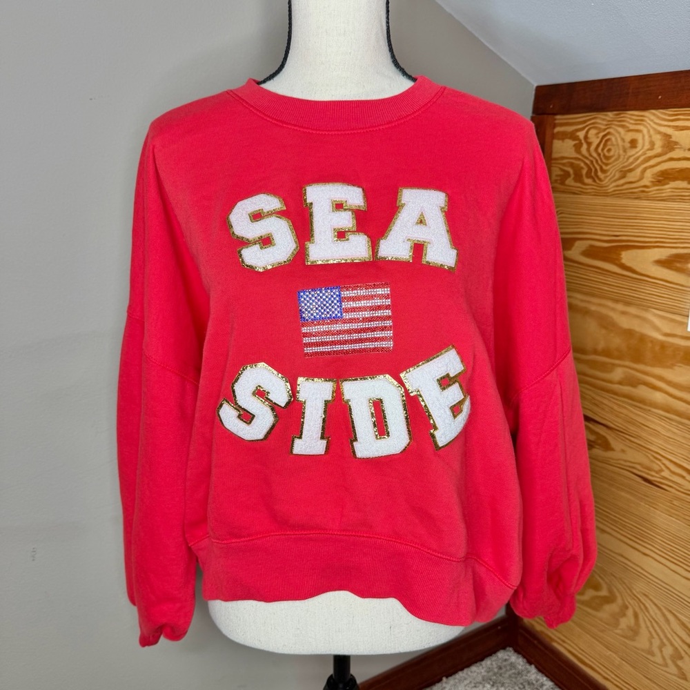 Judith March By The Seaside Pullover Sweatshirt Red Small S Rhinestone Flag - Picture 3 of 10